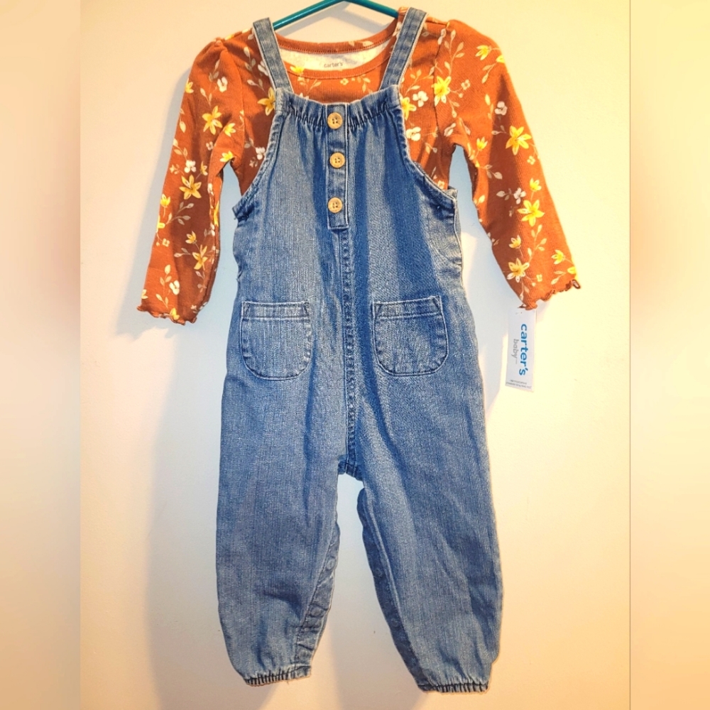 🆕️ Carter's 2 Pc Toddler Outfit Brown Floral Onesie & Blue Chambray Overalls